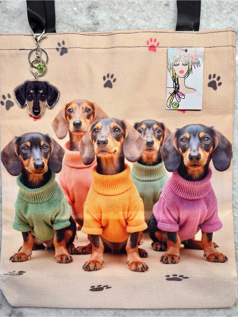 New Dachshund Dogs in Colorful Sweaters Shopping Bag Purse Tote w/ Charm - 16”